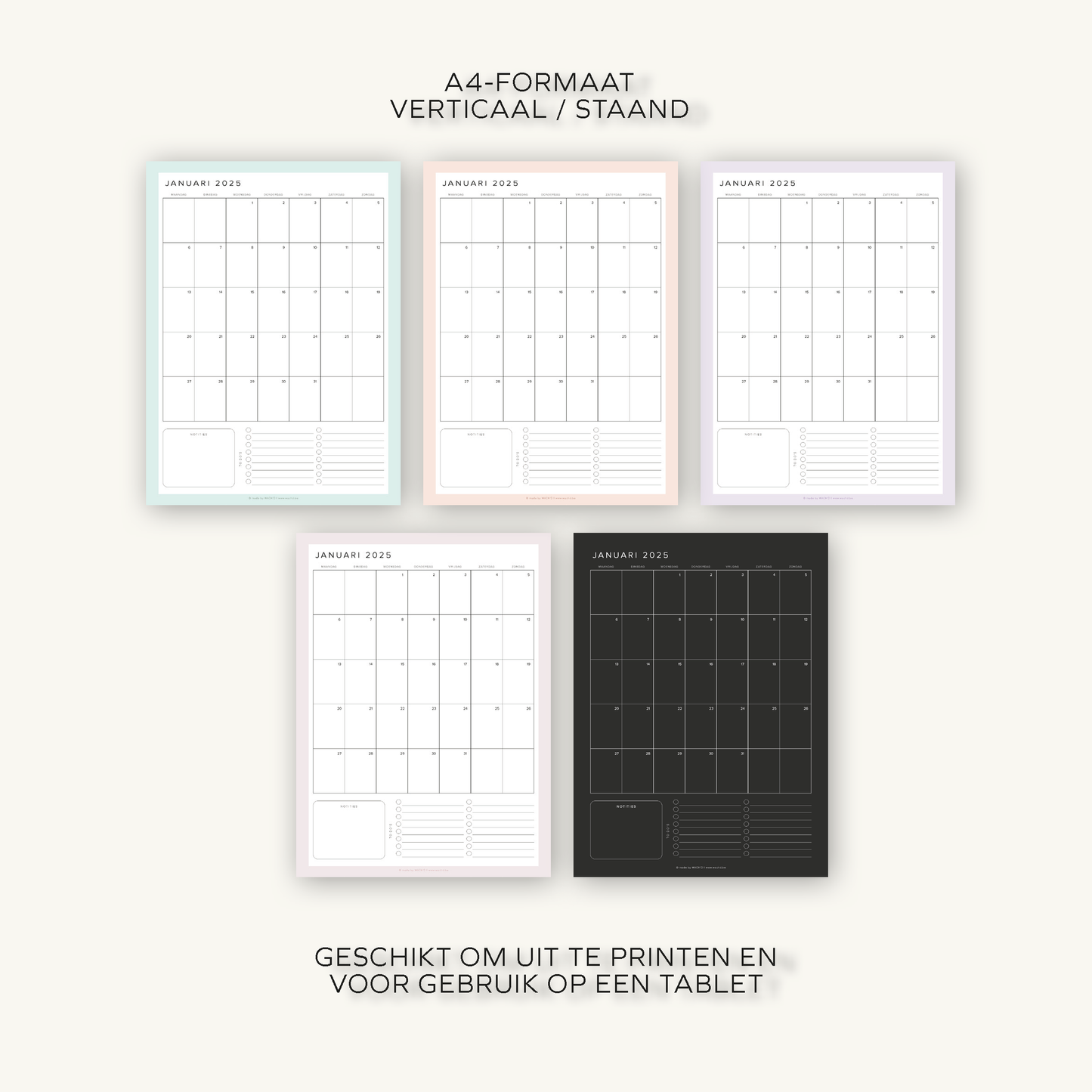 Maandkalenders Ma-Zo 2025 | A4 staand printbare pdf