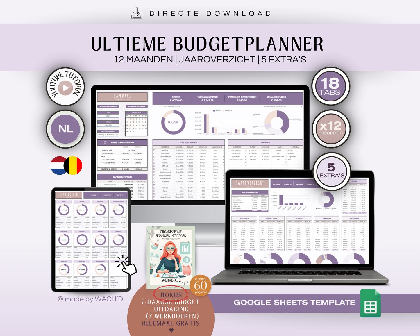 Ultieme Jaarlijkse Budgetplanner | Google Sheets | Nederlandse Budgetplanner | Paars & Roze Taupe
