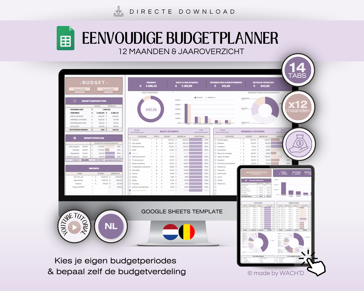 Budgetplanner Nederlands | Google Sheets | Paars & Roze Taupe (14 tabs)