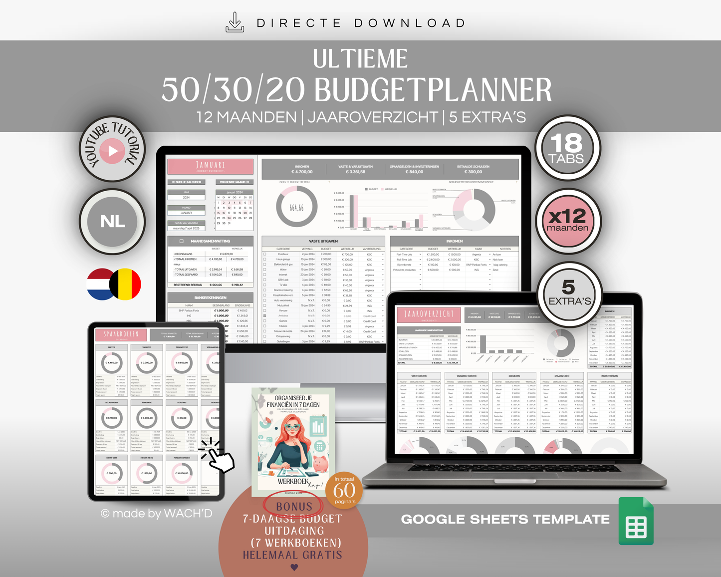 50/30/20 Ultieme Jaarlijkse Budgetplanner | Google Sheets | Nederlandse Budgetplanner | Grijs & Roze