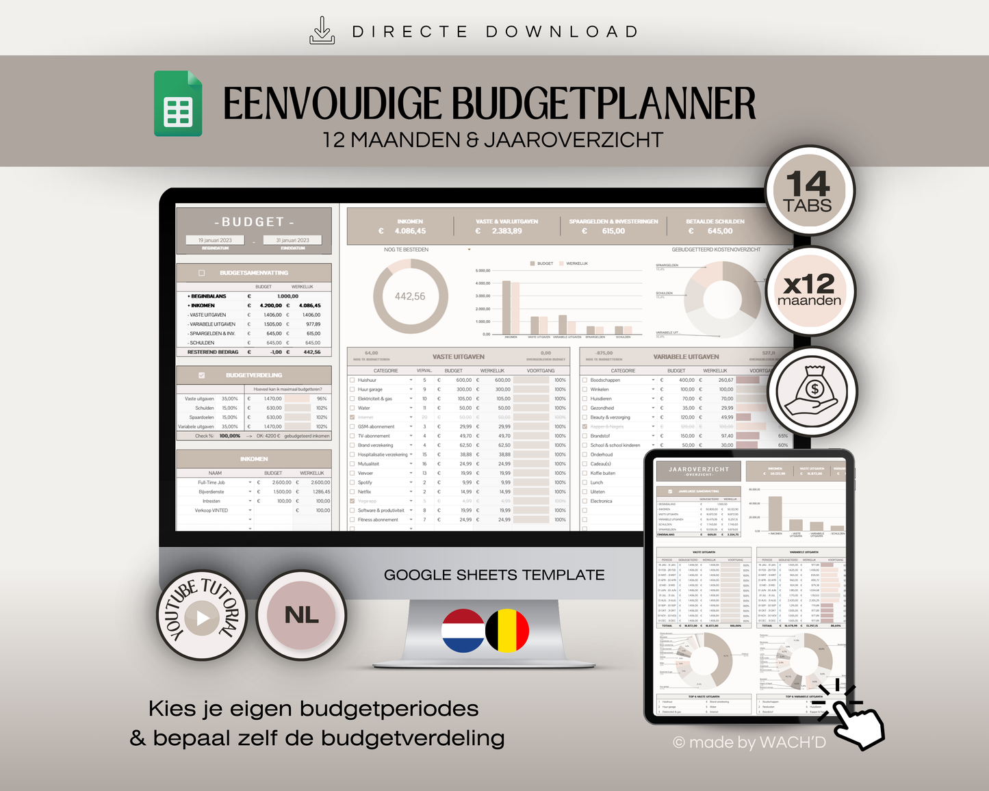 Eenvoudige Jaarlijkse Budgetplanner | Google Sheets | Nederlandse Budgetplanner | Bruin & Beige