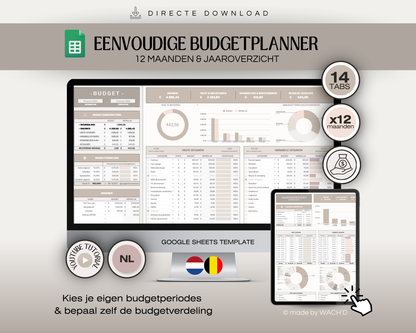 Eenvoudige Jaarlijkse Budgetplanner | Google Sheets | Nederlandse Budgetplanner | Bruin & Beige