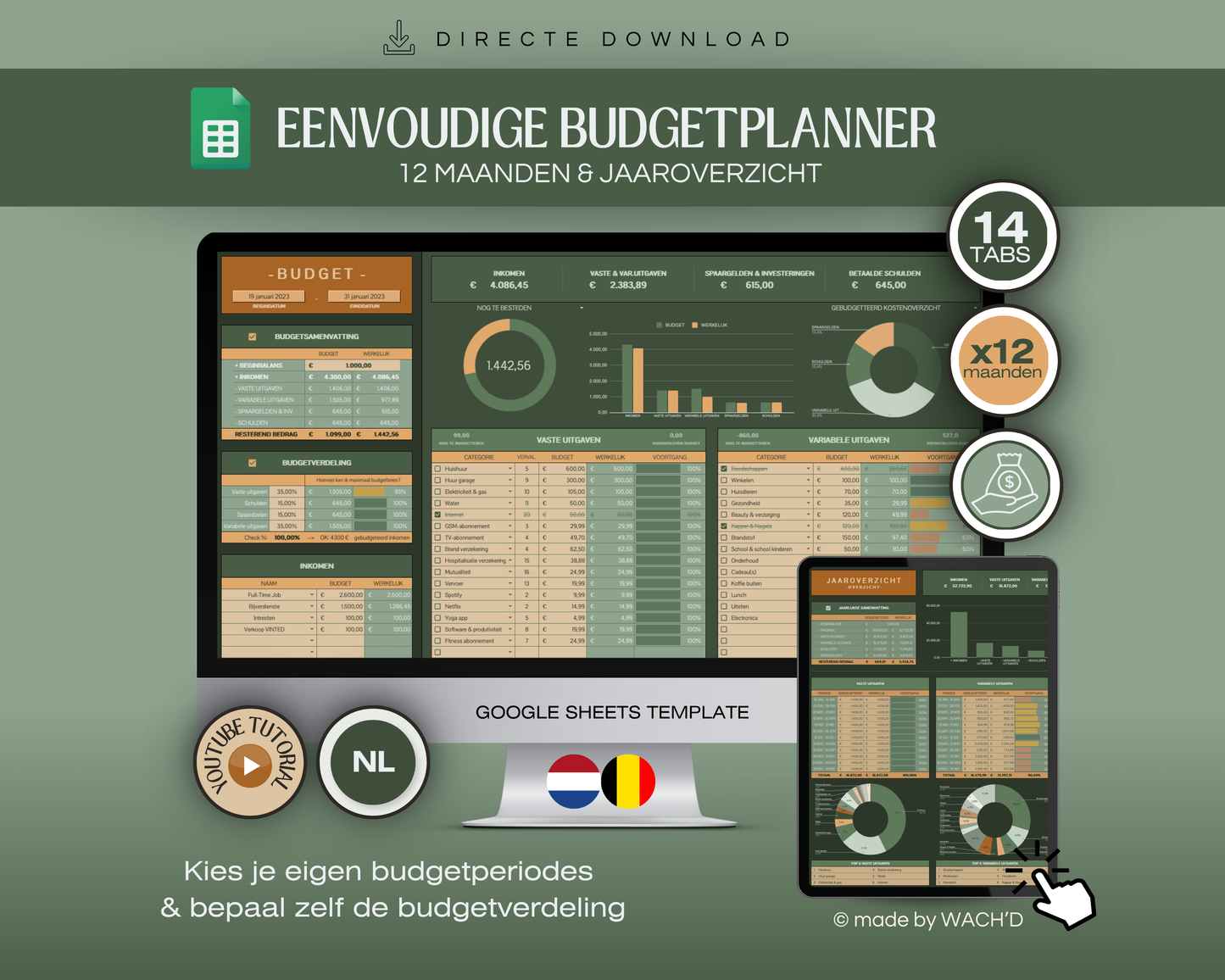 Eenvoudige Jaarlijkse Budgetplanner | Google Sheets | Nederlandse Budgetplanner | Groen & Oranje (donkere modus)