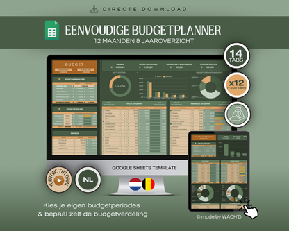 Eenvoudige Jaarlijkse Budgetplanner | Google Sheets | Nederlandse Budgetplanner | Groen & Oranje (donkere modus)