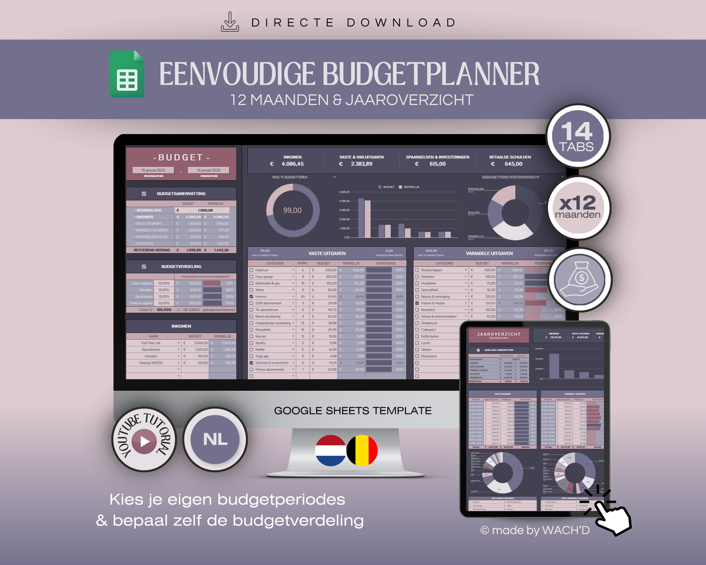 Eenvoudige Jaarlijkse Budgetplanner | Google Sheets | Nederlandse Budgetplanner | Paars & Roze (donkere modus)
