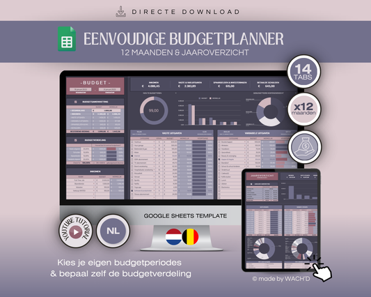 Eenvoudige Jaarlijkse Budgetplanner | Google Sheets | Nederlandse Budgetplanner | Paars & Roze (donkere modus)