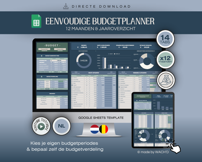 Eenvoudige Jaarlijkse Budgetplanner | Google Sheets | Nederlandse Budgetplanner | Blauw & Beige (donkere modus)