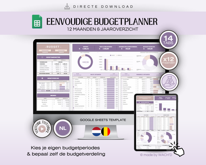 Eenvoudige Jaarlijkse Budgetplanner | Google Sheets | Nederlandse Budgetplanner | Paars & Roze Taupe