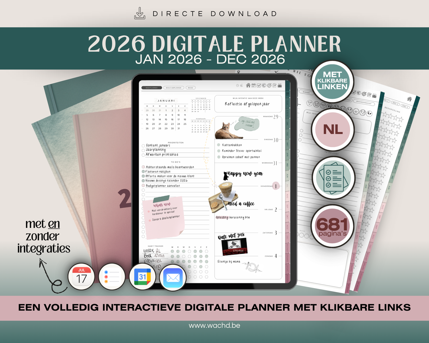 Nederlandse Digitale Planner 2026 | tablet planner | zeegroen & roze