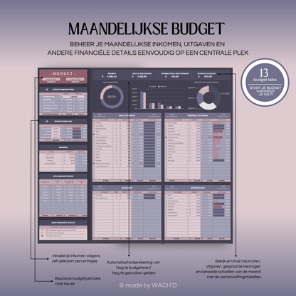 Eenvoudige Jaarlijkse Budgetplanner | Google Sheets | Nederlandse Budgetplanner | Paars & Roze (donkere modus)