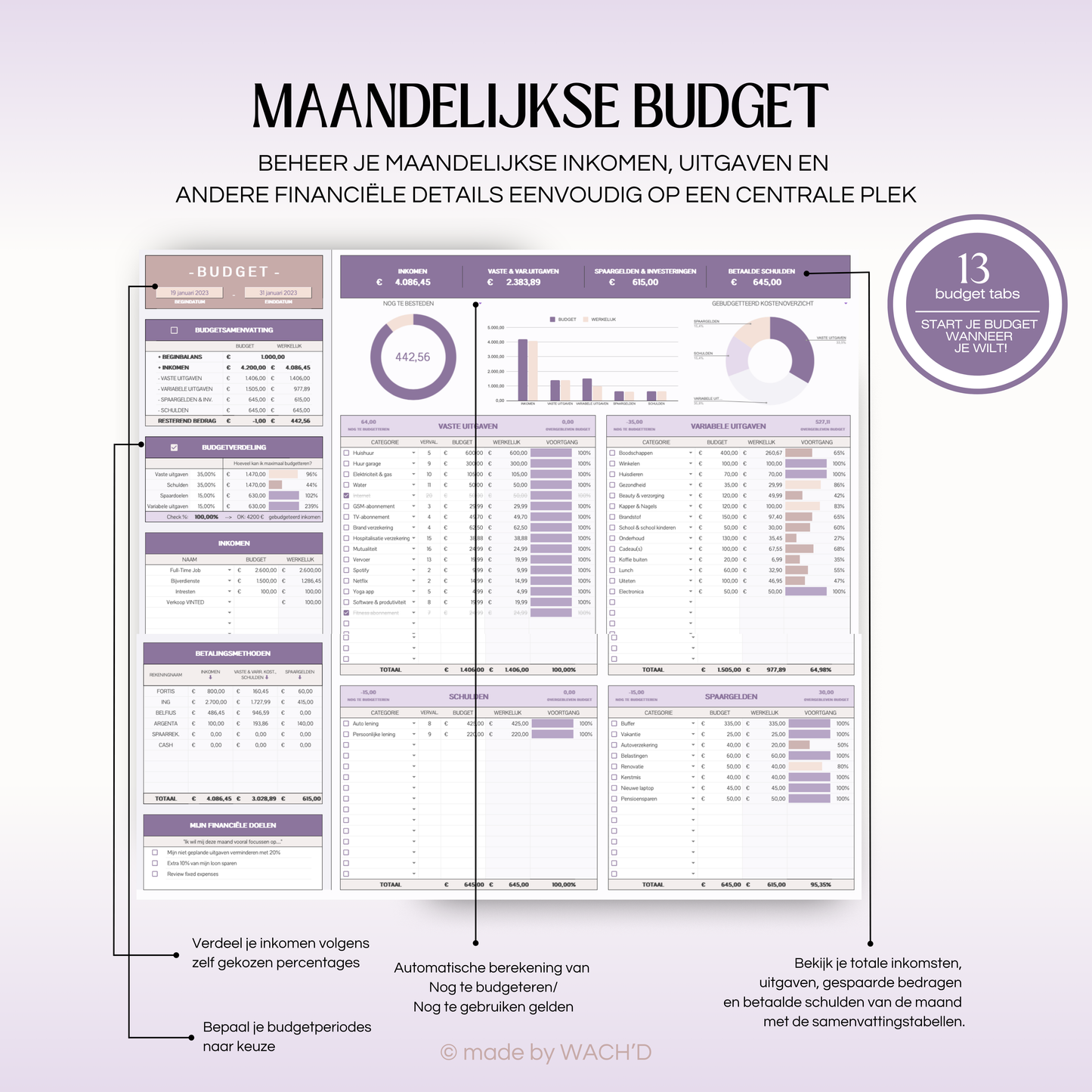Eenvoudige Jaarlijkse Budgetplanner | Google Sheets | Nederlandse Budgetplanner | Paars & Roze Taupe