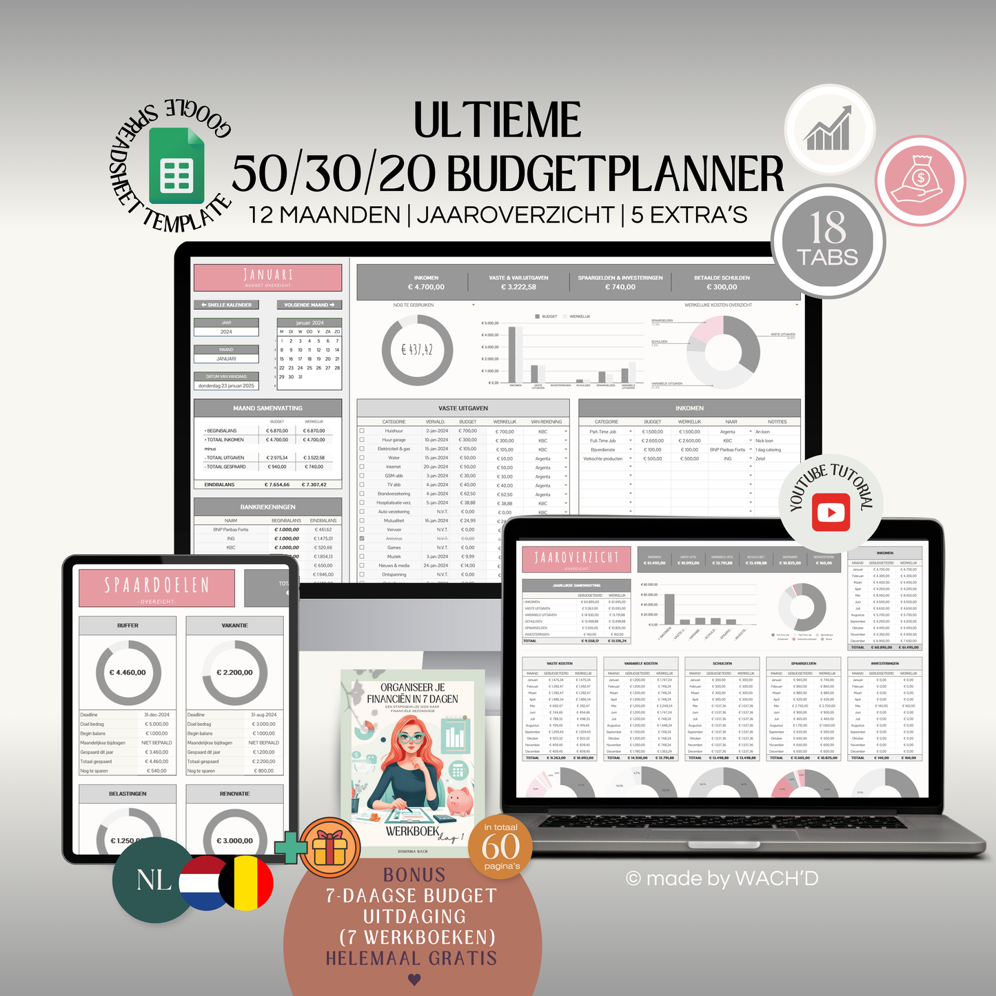 50/30/20 Ultieme Jaarlijkse Budgetplanner | Google Sheets | Grijs & Roze