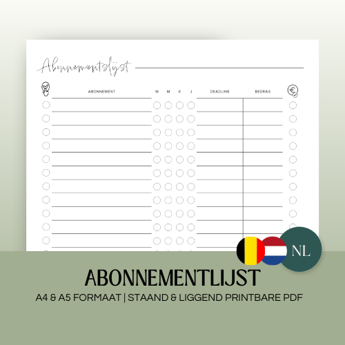 Abonnementlijst | A4 & A5 printbare pdf