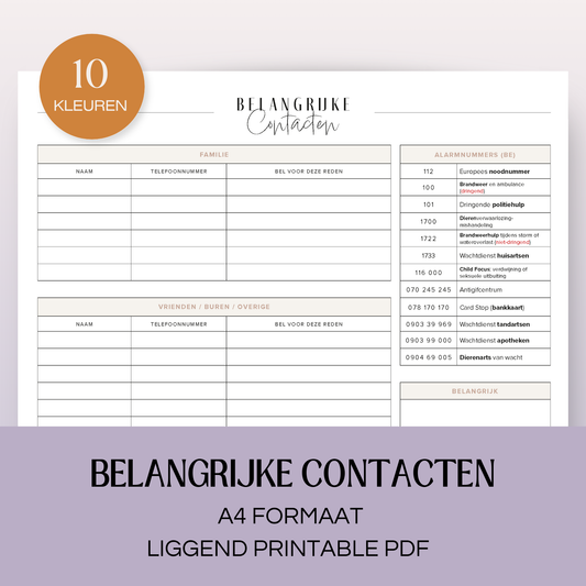 Belangrijke contacten | A4 printbare pdf