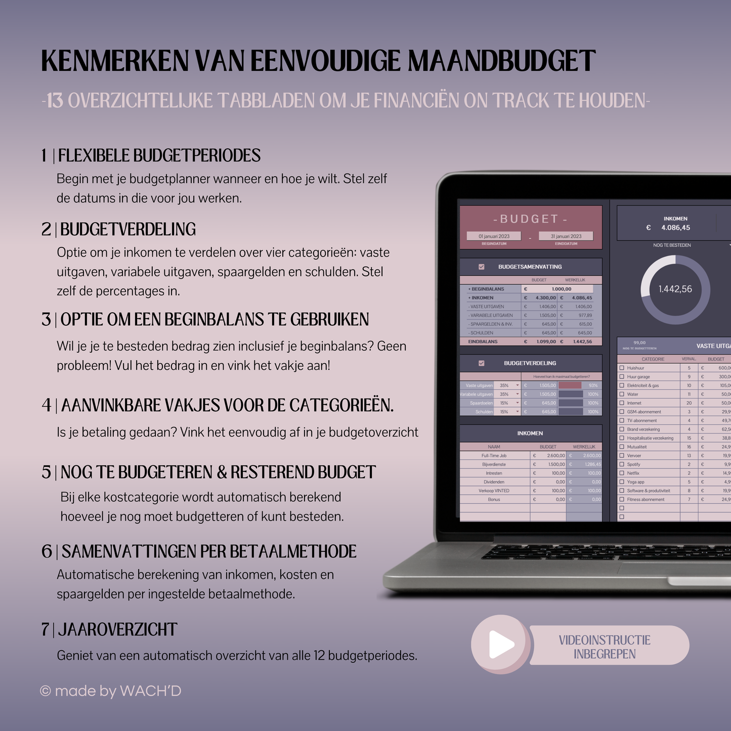 Eenvoudige Jaarlijkse Budgetplanner | Google Sheets | Paars & Roze (donkere modus)