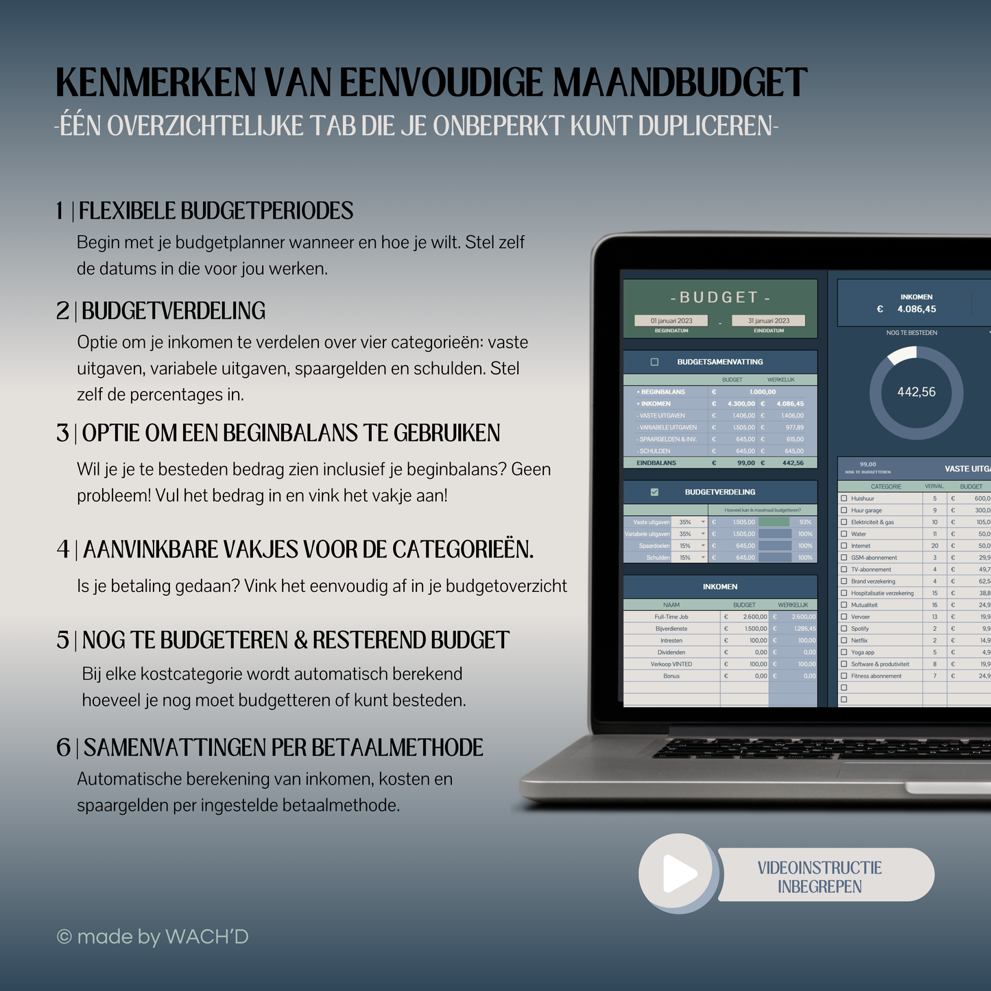 Eenvoudige Budgetplanner (1 tab) | Google Sheets | Blauw & Beige (donkere modus)