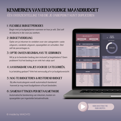 Eenvoudige Budgetplanner (1 tab) | Google Sheets | Paars & Roze (donkere modus)