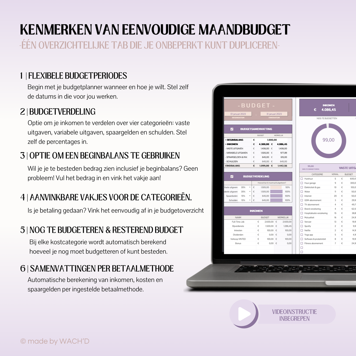 Eenvoudige Budgetplanner (1 tab) | Google Sheets | Paars & Roze Taupe