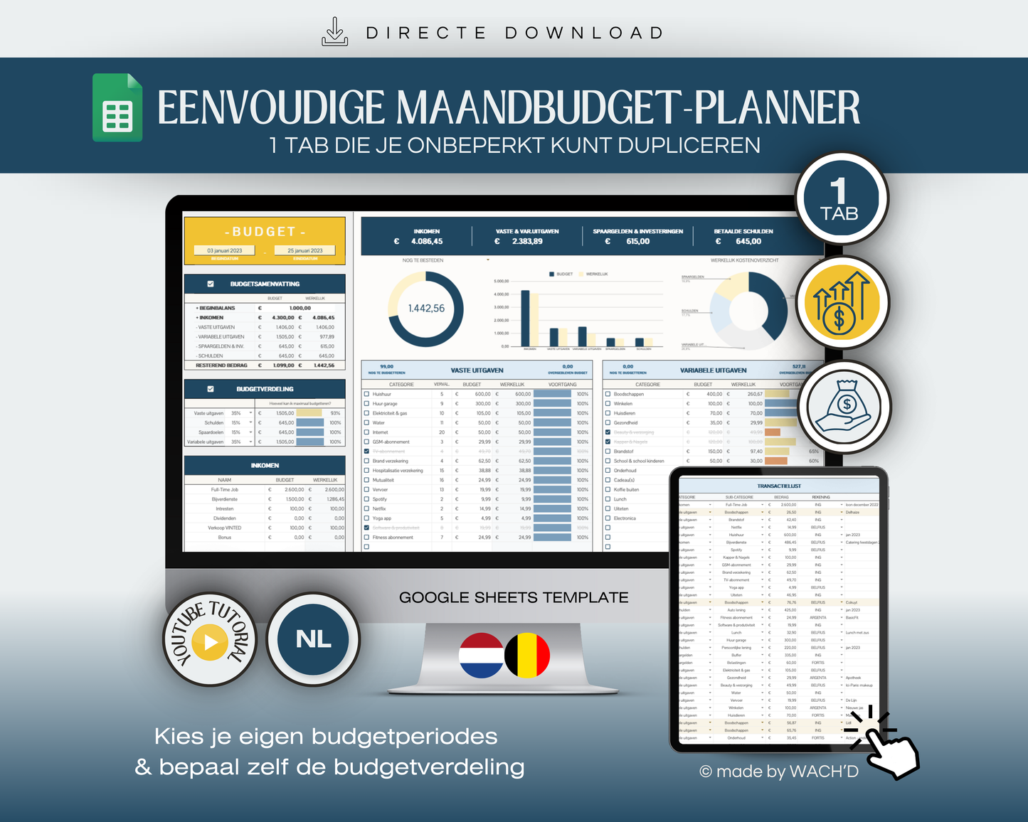 Eenvoudige Budgetplanner (1 tab) | Google Sheets | Nederlandse Budgetplanner | Blauw & Geel