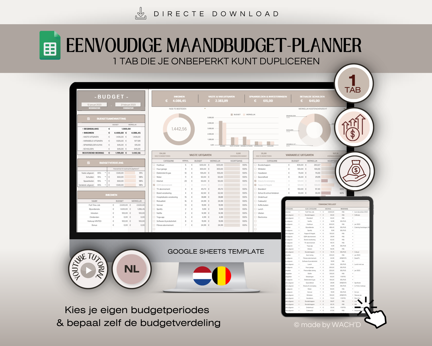 Eenvoudige Budgetplanner (1 tab) | Google Sheets | Nederlandse Budgetplanner | Bruin & Beige