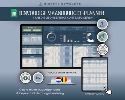 Eenvoudige Budgetplanner (1 tab) | Google Sheets | Nederlandse Budgetplanner | Blauw & Beige (donkere modus)