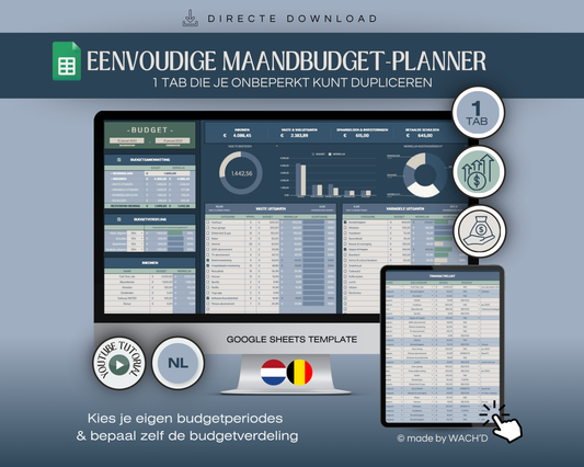 Eenvoudige Budgetplanner (1 tab) | Google Sheets | Nederlandse Budgetplanner | Blauw & Beige (donkere modus)