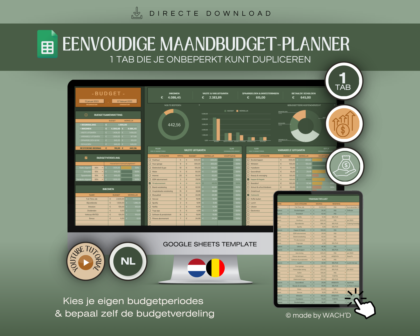 Eenvoudige Budgetplanner (1 tab) | Google Sheets | Nederlandse Budgetplanner | Groen & Oranje (donkere modus)