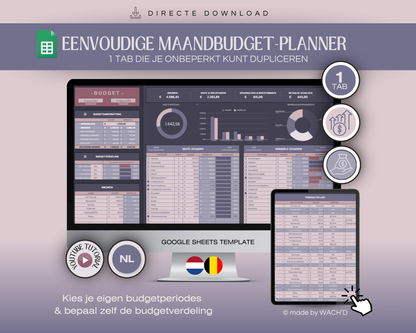 Eenvoudige Budgetplanner (1 tab) | Google Sheets | Nederlandse Budgetplanner | Paars & Roze (donkere modus)