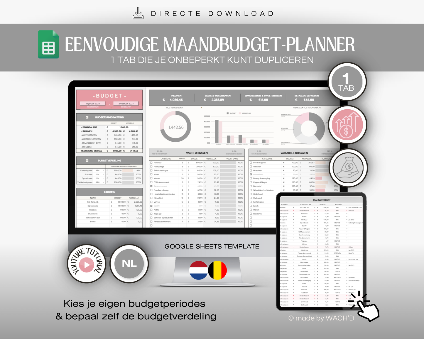 Eenvoudige Budgetplanner (1 tab) | Google Sheets | Nederlandse Budgetplanner | Grijs & Roze