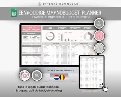 Eenvoudige Budgetplanner (1 tab) | Google Sheets | Nederlandse Budgetplanner | Grijs & Roze