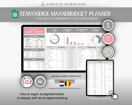 Eenvoudige Budgetplanner (1 tab) | Google Sheets | Nederlandse Budgetplanner | Grijs & Roze