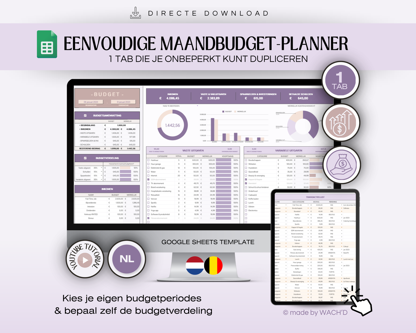 Eenvoudige Budgetplanner (1 tab) | Google Sheets | Nederlandse Budgetplanner | Paars & Roze Taupe