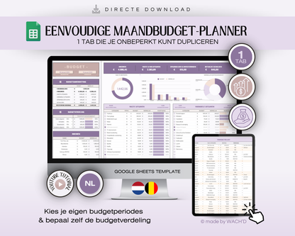 Eenvoudige Budgetplanner (1 tab) | Google Sheets | Nederlandse Budgetplanner | Paars & Roze Taupe