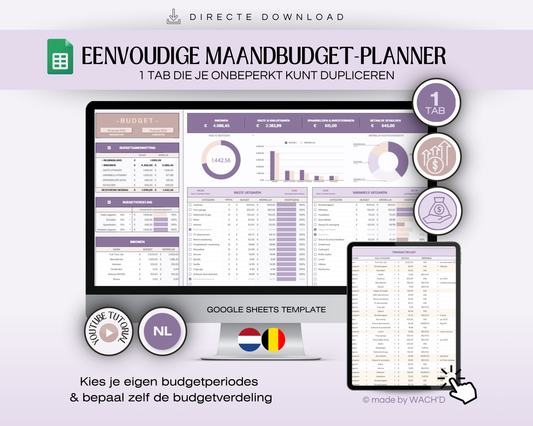 Eenvoudige Budgetplanner (1 tab) | Google Sheets | Nederlandse Budgetplanner | Paars & Roze Taupe