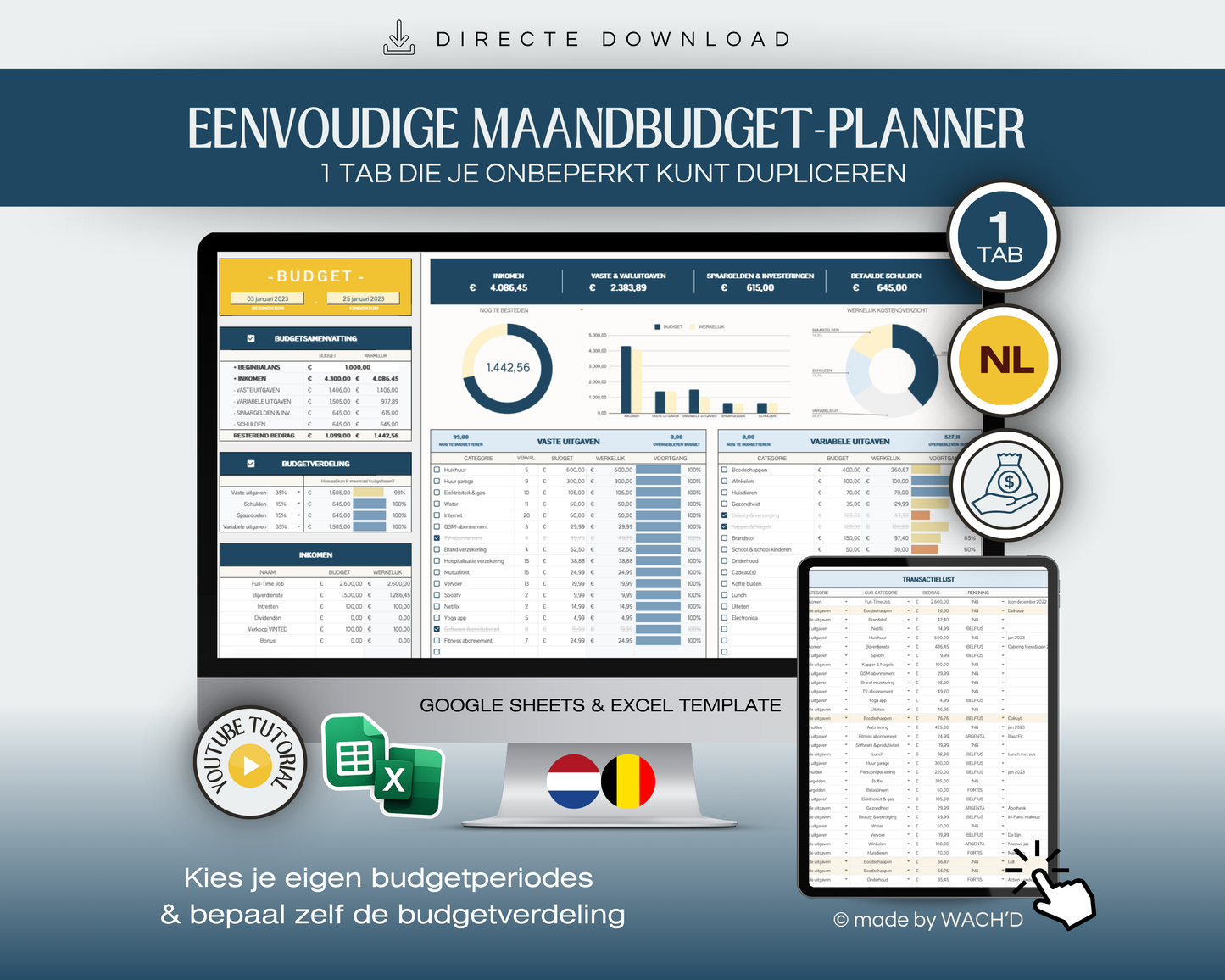 Budgetplanner Nederlands | Excel & Google Sheets | Blauw & Geel (1 tab)