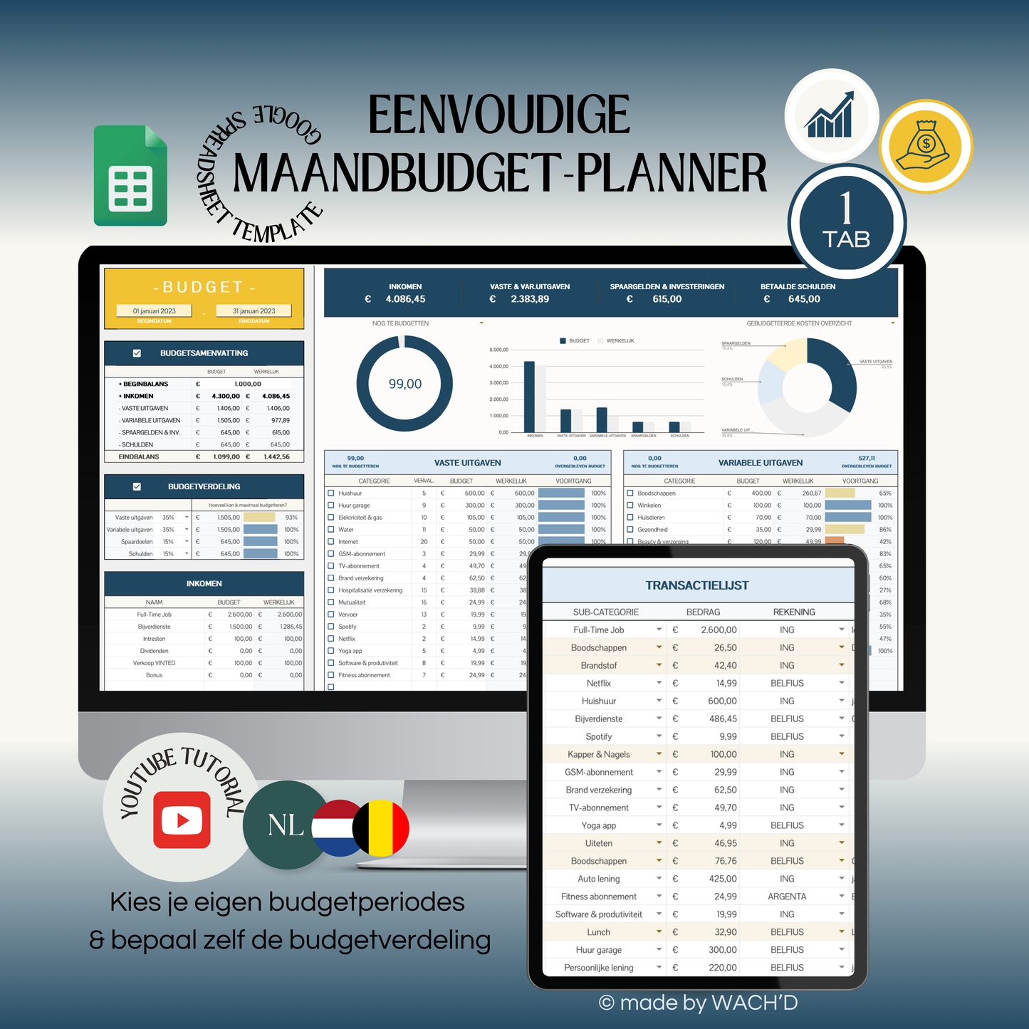 Eenvoudige Budgetplanner (1 tab) | Google Sheets | Blauw & Geel