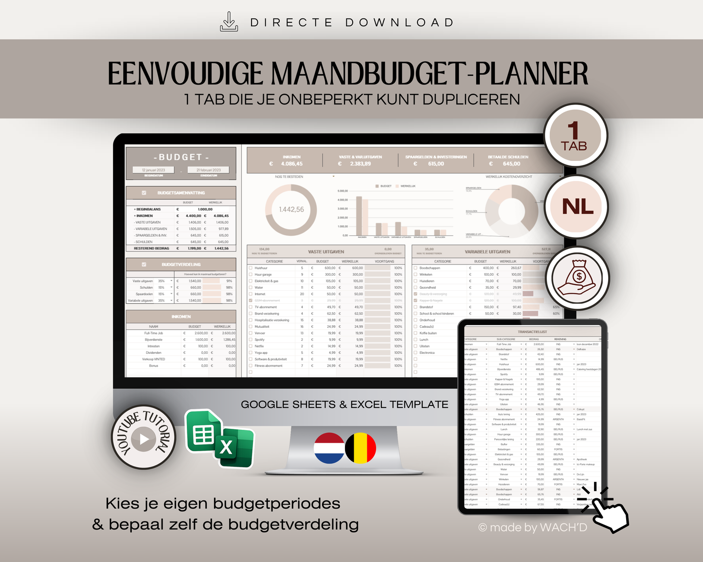 Budgetplanner Nederlands | Excel & Google Sheets | Bruin & Beige (1 tab)