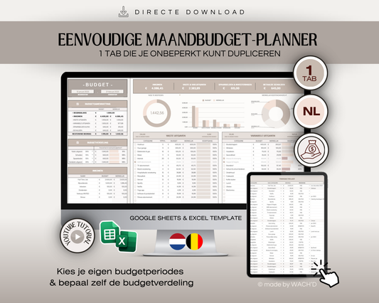 Budgetplanner Nederlands | Excel & Google Sheets | Bruin & Beige (1 tab)
