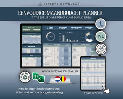 Budgetplanner Nederlands | Excel & Google Sheets | Donker modus blauw (1 tab)