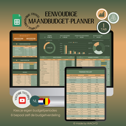 Eenvoudige Budgetplanner (1 tab) | Google Sheets | Groen & Oranje (donkere modus)