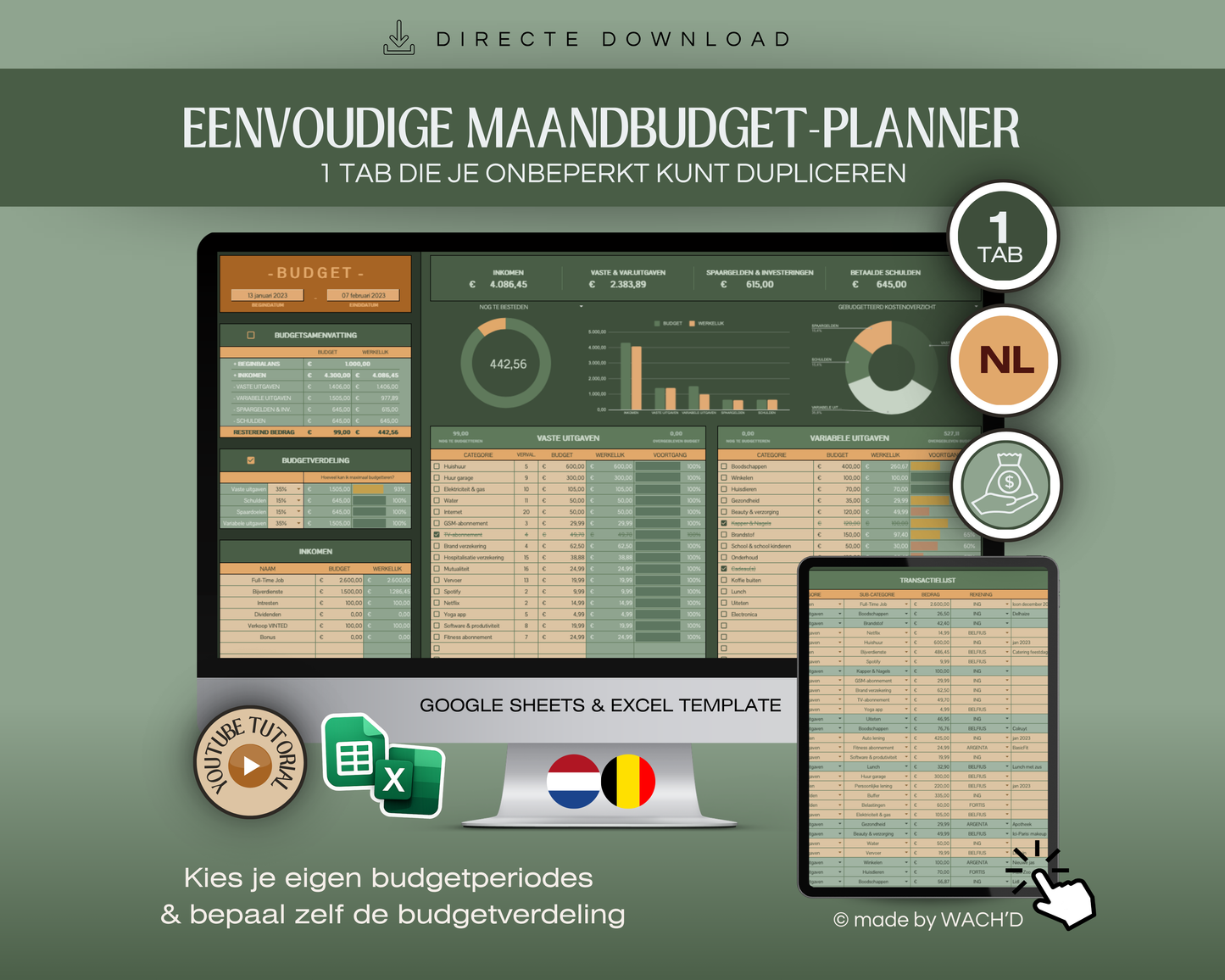 Budgetplanner Nederlands | Excel & Google Sheets | Donker modus groen (1 tab)