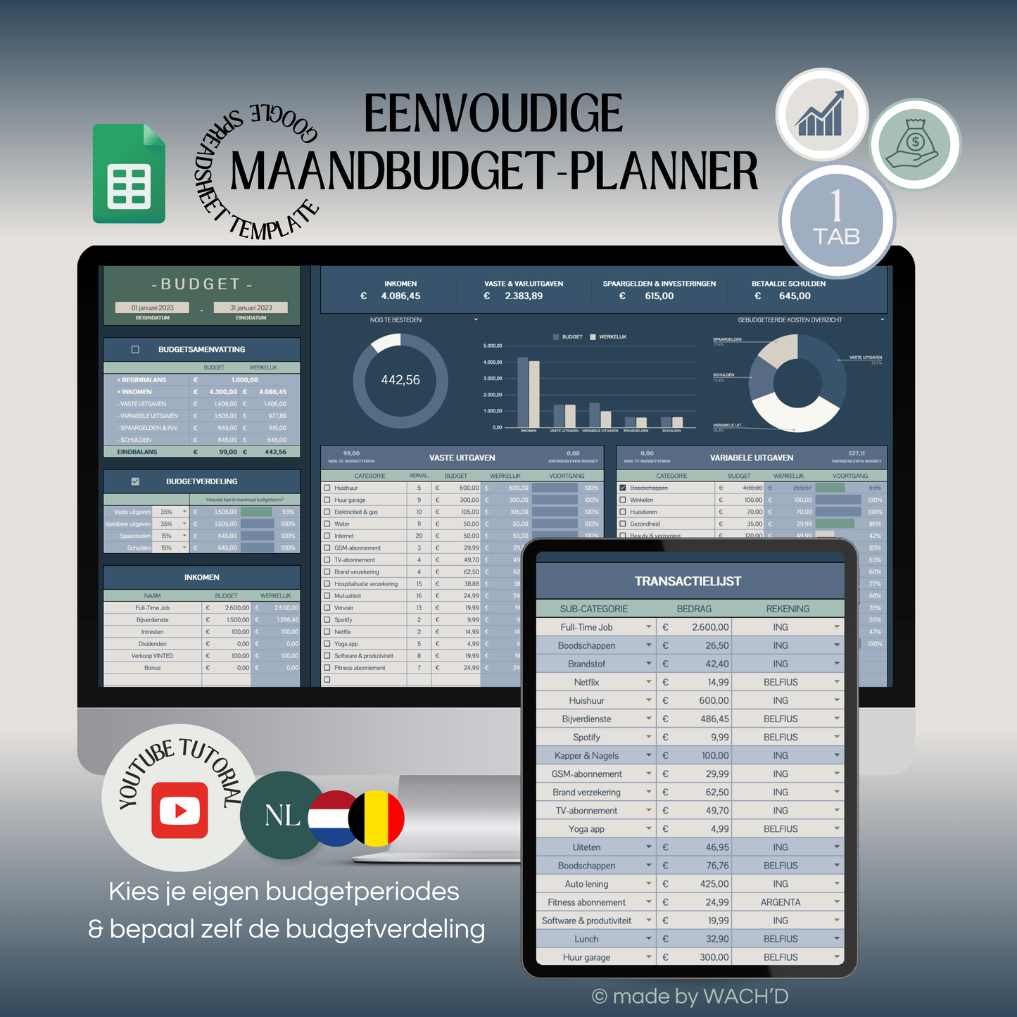 Eenvoudige Budgetplanner (1 tab) | Google Sheets | Blauw & Beige (donkere modus)