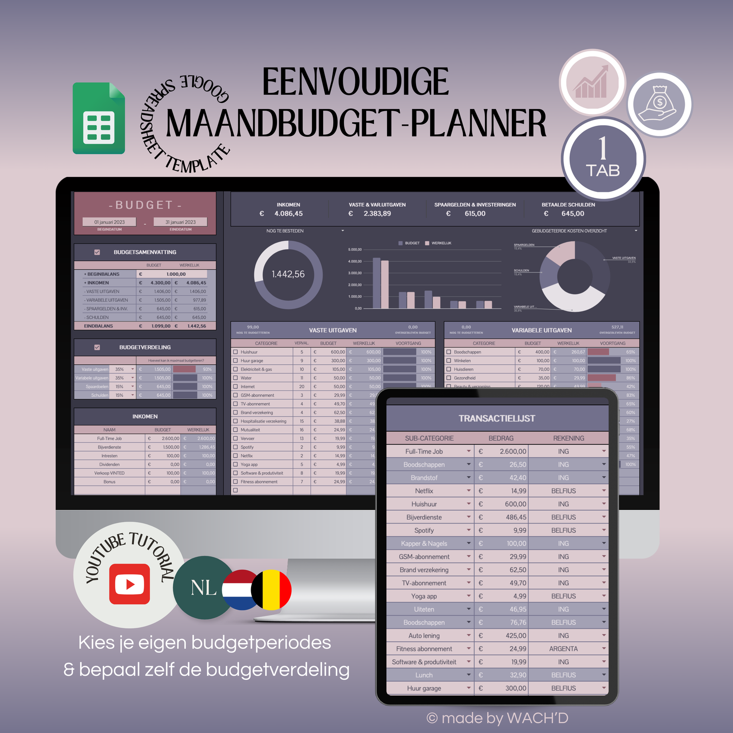 Eenvoudige Budgetplanner (1 tab) | Google Sheets | Paars & Roze (donkere modus)