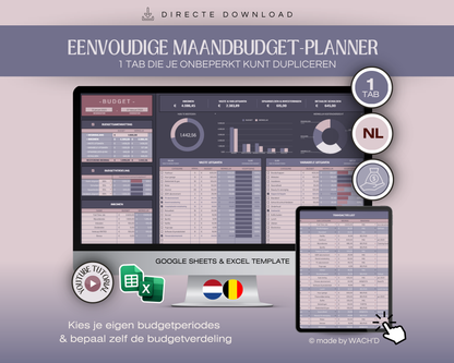 Budgetplanner Nederlands | Excel & Google Sheets | Donker modus paars (1 tab)