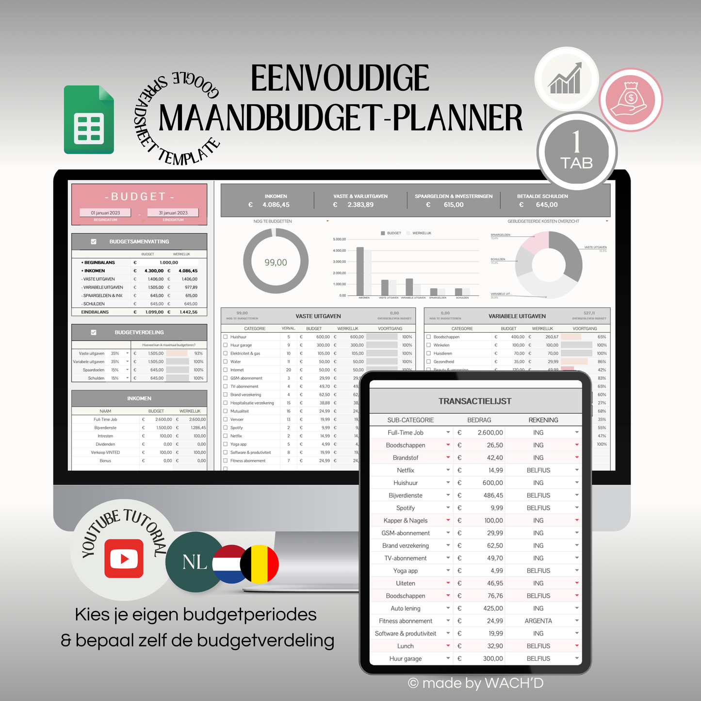 Eenvoudige Budgetplanner (1 tab) | Google Sheets | Grijs & Roze