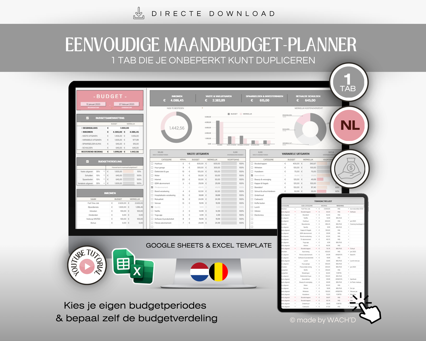 Budgetplanner Nederlands | Excel & Google Sheets | Grijs & Roze (1 tab)