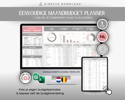 Budgetplanner Nederlands | Excel & Google Sheets | Grijs & Roze (1 tab)