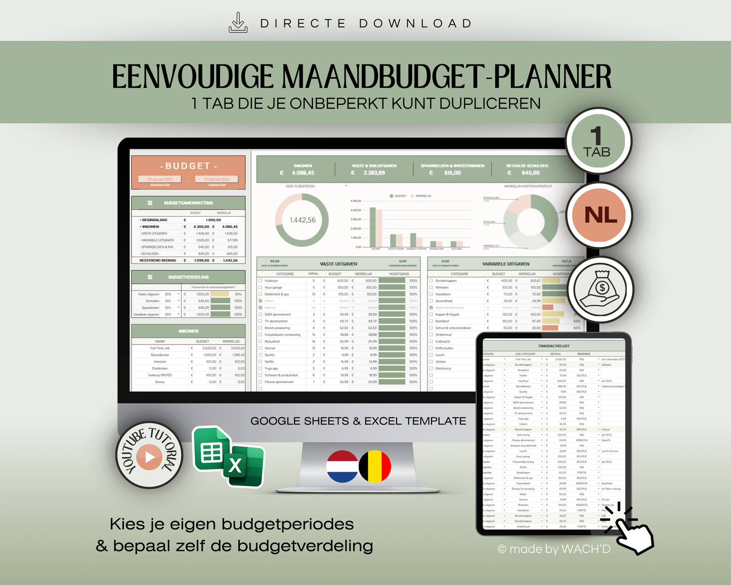 Budgetplanner Nederlands | Excel & Google Sheets | Groen & Oranje (1 tab)