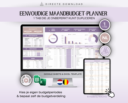 Budgetplanner Nederlands | Excel & Google Sheets | Paars & Roze Taupe (1 tab)