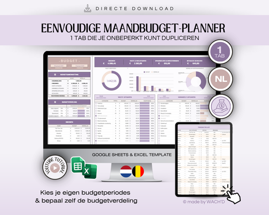 Budgetplanner Nederlands | Excel & Google Sheets | Paars & Roze Taupe (1 tab)